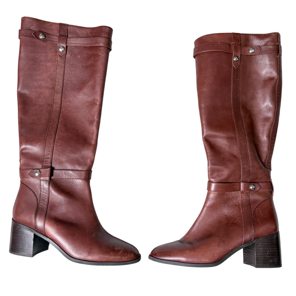 Essex Lane Knee High Boots 8.5 Brown Leather Block Heel Riding Fall Office